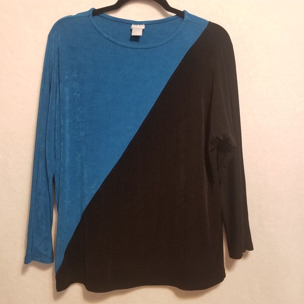 Chicos Travelers 1 (Med) Top Blue Black Colorblock Stretch Slinky Cruise Work